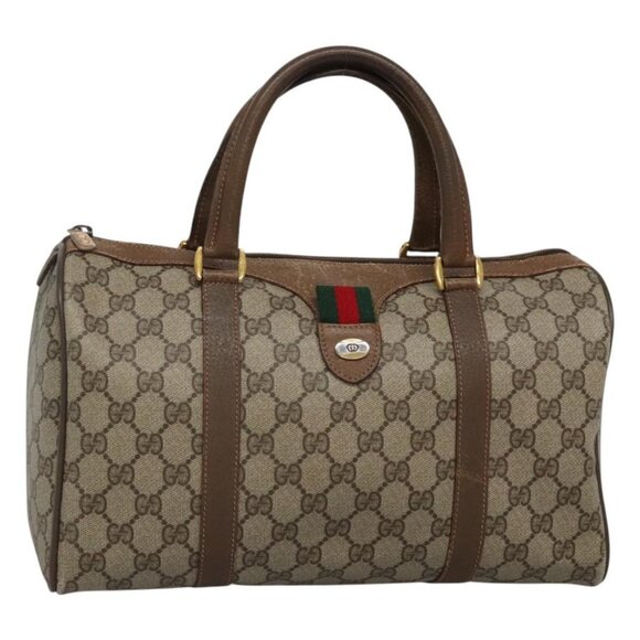 GUCCI GG Supreme Web Sherry Line Hand Bag PVC Beige Gold Auth